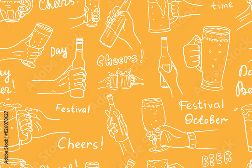 Seamless pattern of beer, glasses of beer, bottle of beer in hand, glass in hand in doodle style. Mug with beer. Alcoholic drink. Cheers. Great for bar menu design, packaging, pub. Hand drawn.