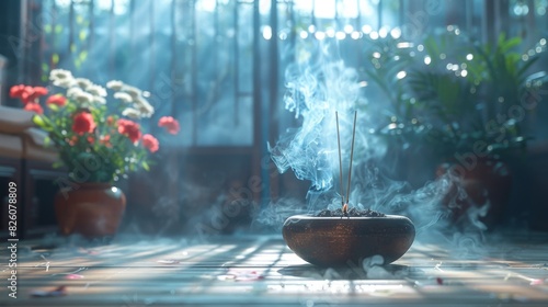 zen meditation room with incense sticks creating fragrant smoke for promoting focus and calmness, presented as a zen concept banner layout photo