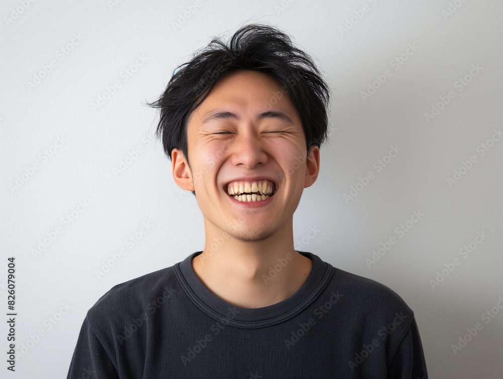 Young Asian Man with Closed Eyes and Wide Smile, Radiating Joy and Happiness in Casual Clothing Young Asian Man with Closed Eyes and Wide Smile, Radiating Joy and Happiness in Casual Clothing