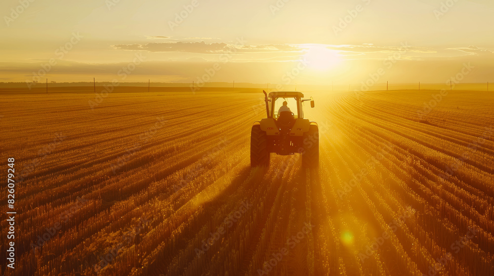 Sunset paints a golden masterpiece as a tractor plows the fields, embracing the day's end. Sunset paints a golden masterpiece as a tractor plows the fields, embracing the day's end.