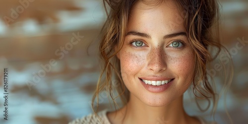 A woman with freckles is smiling beautifully in natural light, exuding a carefree and radiant vibe photo