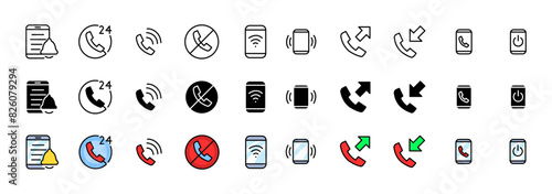 Phone icons collection. Call buttons. Linear, silhouette and flat style. Vector icons