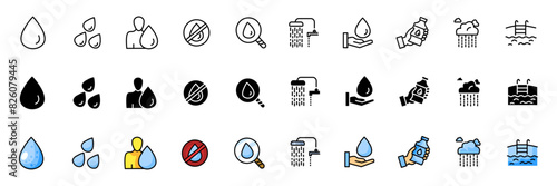 Water icons collection. Water drop icons. Linear, silhouette and flat style. Vector icons