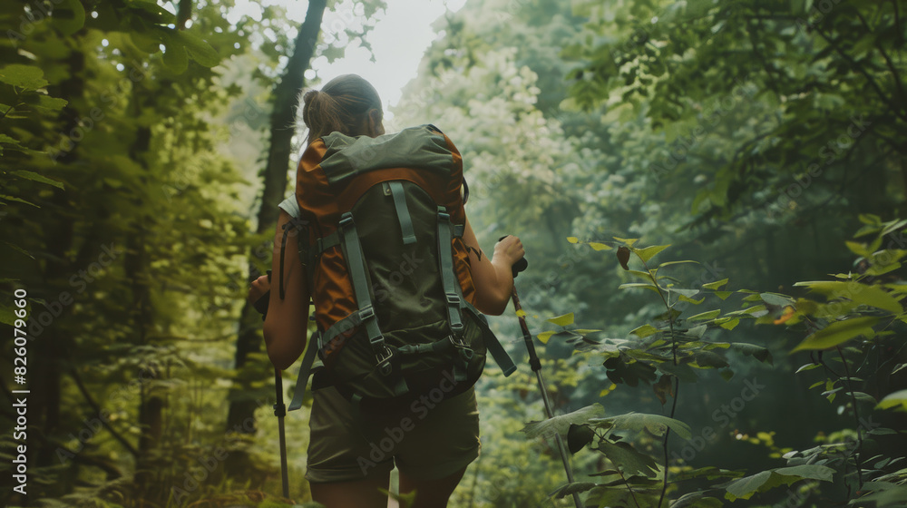 Hiker with a backpack trekking through a lush green forest.