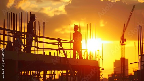 Construction Team at Sunset: Building Foundations photo