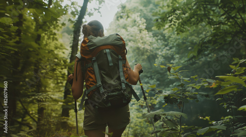 Hiker with a backpack trekking through a lush green forest.