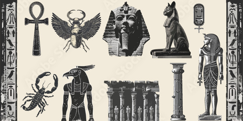  Set of Egyptian temple interior design elements with monochrome vintage photocopy effect, y2k collage design. Stipple halftone retro design elements. Vector illustration of Ancient egyptian