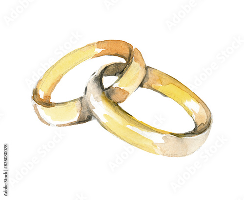 Wedding rings painted in watercolor on a white background. Rings of the bride and groom, icon, isolated. Wedding accessories made of gold, wedding decorations in sketch style