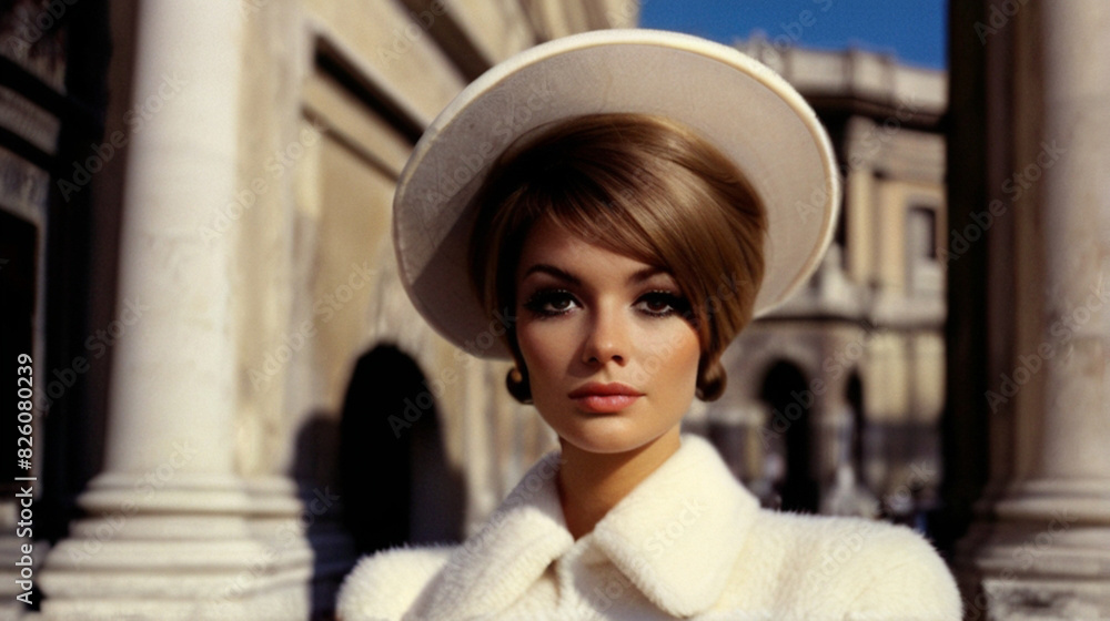 Portrait of the beautiful young woman on the street, 60s era fashion style.