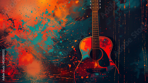 A guitar is painted in a colorful and abstract style, with splatters of paint all over it. Scene is energetic and creative