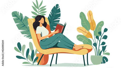 Woman with book in armchair. Rest in cozy sofa aparta