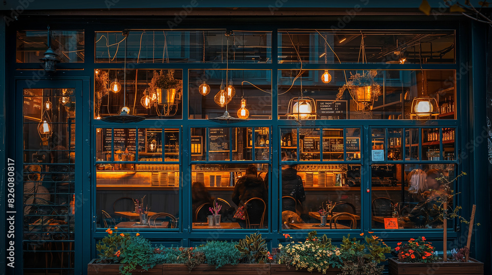 Exterior night shot of a café, with warm light emanating from the windows, inviting atmosphere, and people visible inside