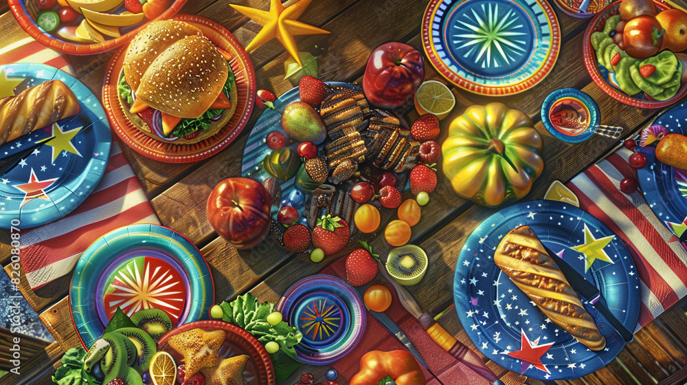 A vibrant close-up of a picnic table at a Fourth of July backyard cookout, adorned with star-spangled decorations, colorful napkins, patriotic-theme plates, delicious grilled dishes and summer fruits.