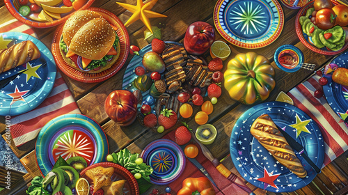 A vibrant close-up of a picnic table at a Fourth of July backyard cookout  adorned with star-spangled decorations  colorful napkins  patriotic-theme plates  delicious grilled dishes and summer fruits.