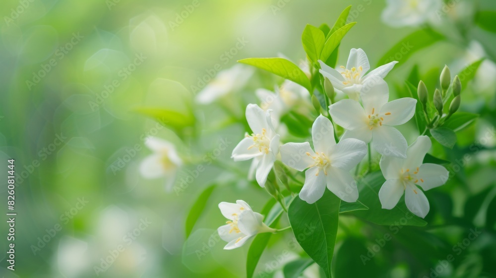 Bunch of white jasmine flowers on a green branch Bunch of white jasmine flowers on a green branch