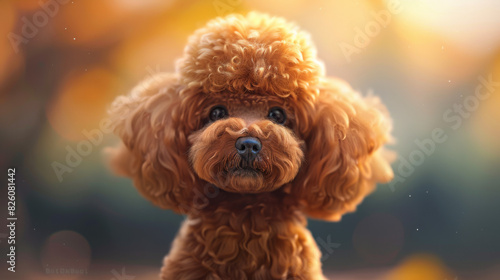 Adorable brown poodle with fluffy fur standing outside in a warm, sunny setting, looking cutely at the camera.