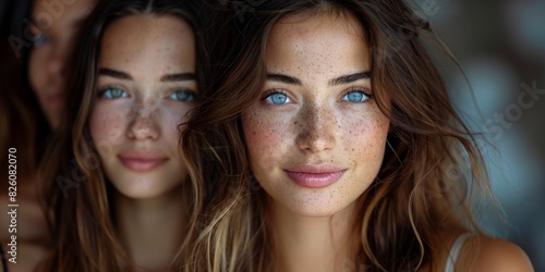 A captivating image featuring two women with freckles and blue eyes, showcasing their beauty © Interior Stock Photo