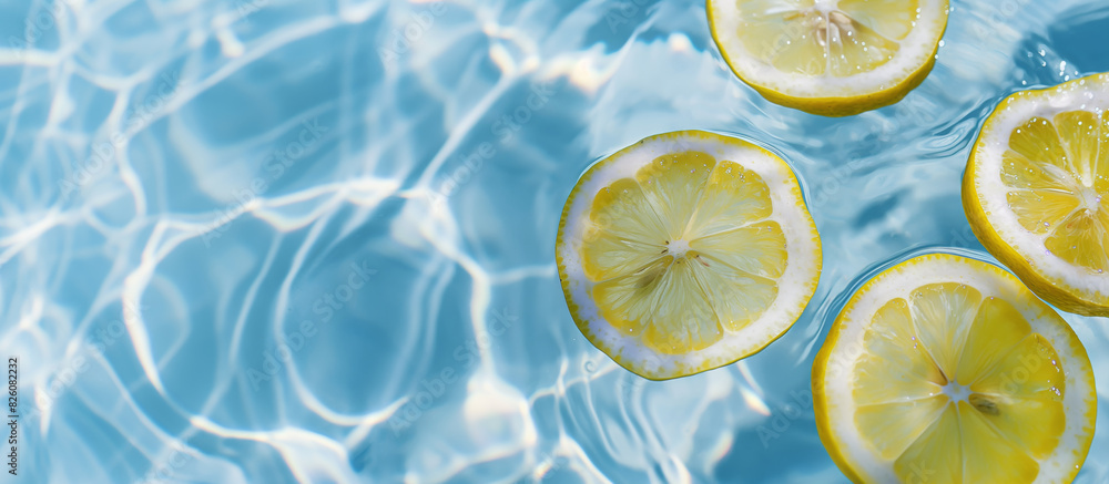 Sliced Lemons in Water: Fresh Lemon Slices Floating in Clear Blue Pool Water - Refreshing Healthy Summer Background with Vibrant Yellow Citrus Fruits - Creative Summer Refreshment Concept Copy Space Sliced Lemons in Water: Fresh Lemon Slices Floating in Clear Blue Pool Water - Refreshing Healthy Summer Background with Vibrant Yellow Citrus Fruits - Creative Summer Refreshment Concept Copy Space