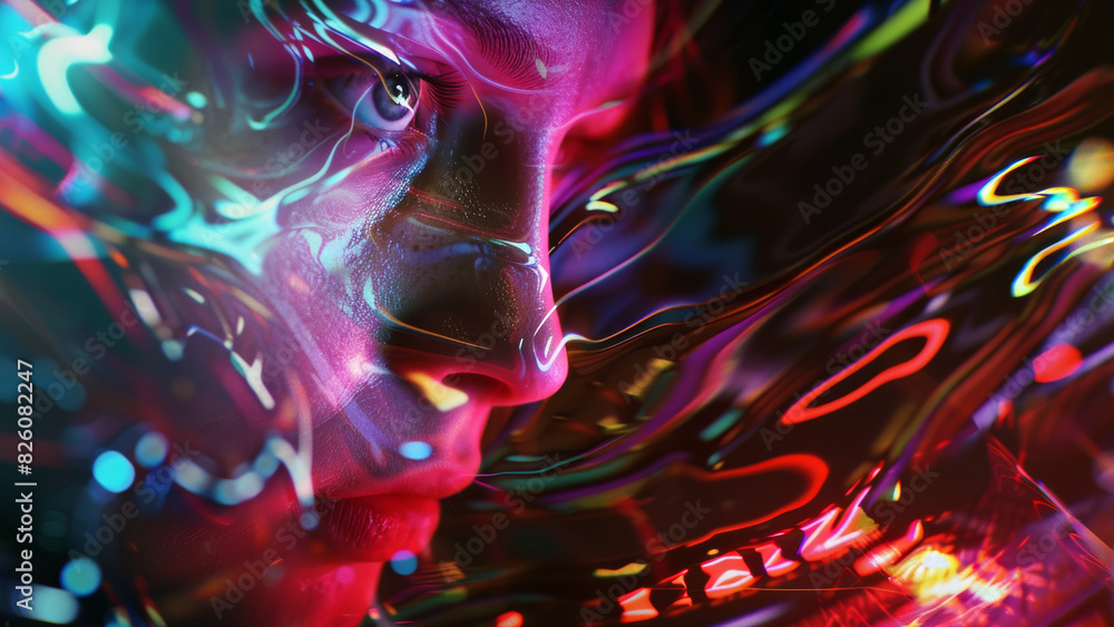 Obraz premium Digital art portrait with vivid colors melting into a surreal and expressive form.