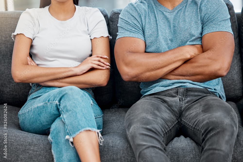 Φωτογραφία Couple, divorce and arms crossed on sofa in living room for argument, frustrated and separation of angry man and woman