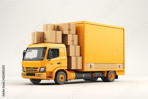 Delivery truck with cardboard boxes on a blue background. 3d rendering