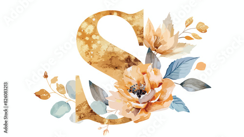 Gold letter S alphabet with watercolor flower and lea photo