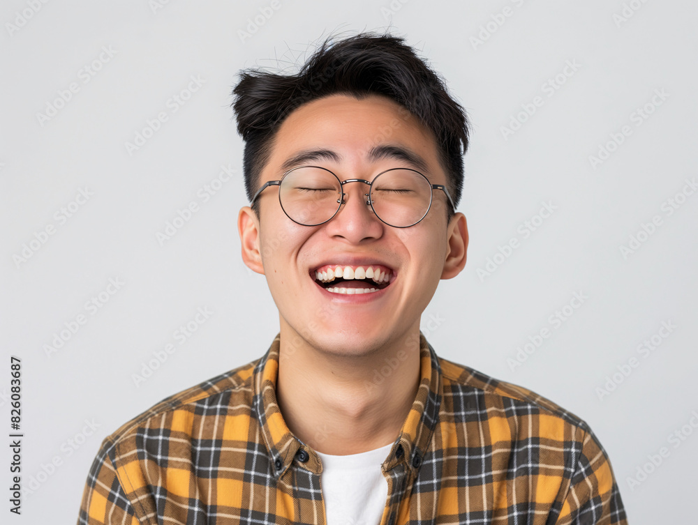 Joyful Young Asian Man with Glasses Laughing in Yellow Plaid Shirt, Displaying Positive Emotion Joyful Young Asian Man with Glasses Laughing in Yellow Plaid Shirt, Displaying Positive Emotion