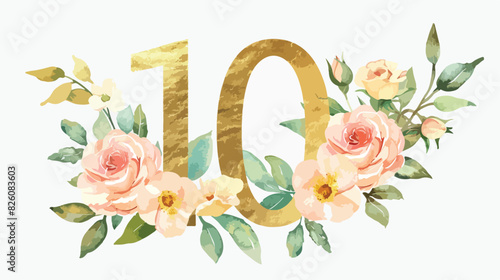 Gold number 0 with watercolor flowers roses and lea photo
