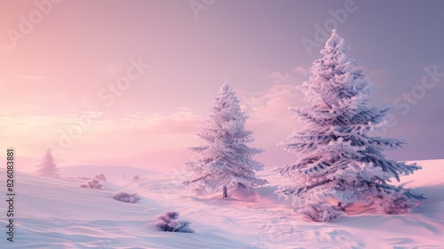 A peaceful winter scene features two snow-covered trees against a backdrop of a pink sky, with a winding path leading through the snow-covered ground. © Thirawat