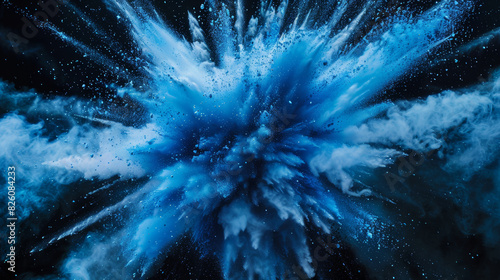 An abstract explosion of icy blue particles radiates energy and dynamic motion. photo