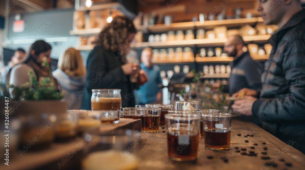 Wide shot of a coffee tasting event with people standing around a table, sampling different brews Wide shot of a coffee tasting event with people standing around a table, sampling different brews