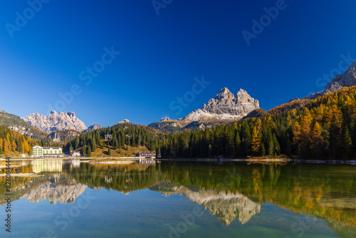 Typical landscape with Tre Cime, Tre Cime di Lavaredo, Dolomiti, South Tyrol, Italy photo
