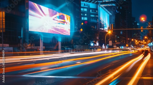 Blank billboard mockup on a busy street at night, surrounded by the lively motion of car light trails. Perfect for creating impactful and engaging advertisements. © Thirawat