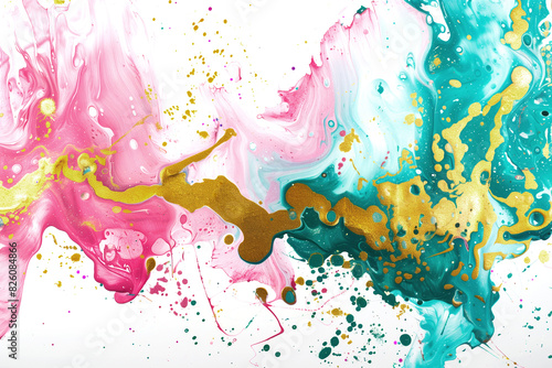 Acryllic splash and sparky pink, green and gold colors on white background - Creative background for printed templates and websites photo