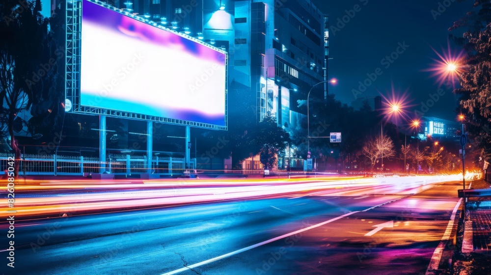 Blank billboard mockup on a busy street at night, surrounded by the lively motion of car light trails. Perfect for creating impactful and engaging advertisements. Blank billboard mockup on a busy street at night, surrounded by the lively motion of car light trails. Perfect for creating impactful and engaging advertisements.