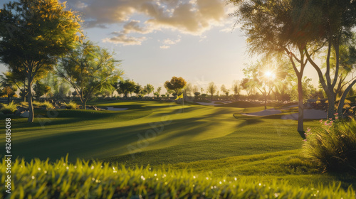 Golf course at dawn, its manicured greens and fairways basked in a soft, golden glow. photo
