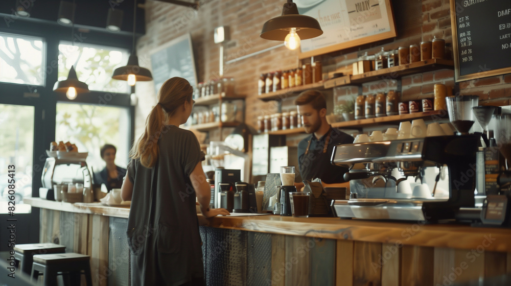 customer standing at the counter, ordering coffee from the barista customer standing at the counter, ordering coffee from the barista
