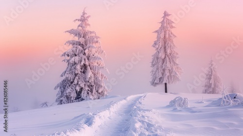 In this serene winter setting, two snow-covered trees are silhouetted against a pink sky, with a path leading through the pristine snow © Thirawat