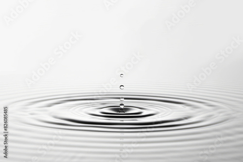 Clear water droplets creating concentric ripples on a calm surface. Monochromatic, minimalistic design, copy space. Purity, simplicity, tranquility, balance, zen concept. Serene scene. 