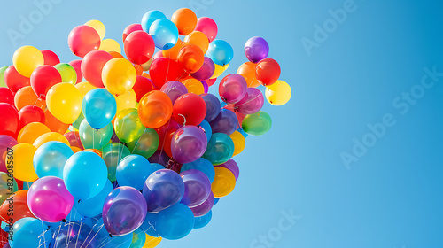 any balloons in pride color are flying to the sky  blue sky as background