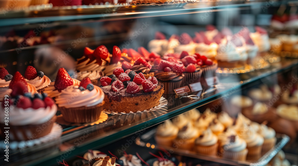 Close-up of a glass display case with various pastries, cakes, and cupcakes