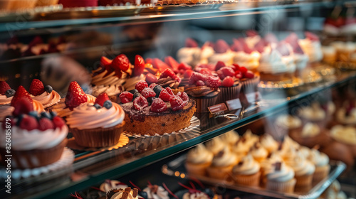 Close-up of a glass display case with various pastries, cakes, and cupcakes