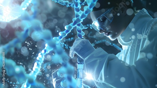  A scientist using advanced biotechnological techniques to modify the genetic material within a patient's cells, showcasing futuristic gene therapy equipment. photo