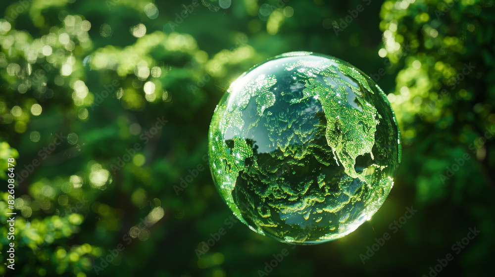 Spherical glass Earth globe with a green forest background Spherical glass Earth globe with a green forest background