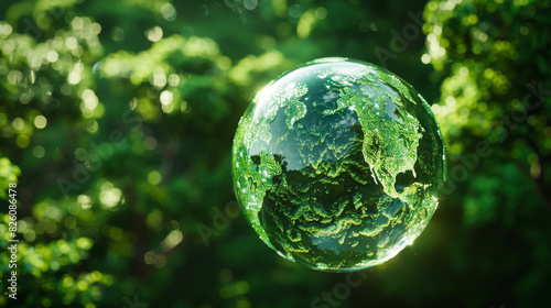 Spherical glass Earth globe with a green forest background