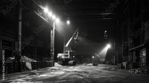 Bright floodlights illuminating the still dark corners of the site casting long shadows of the machinery. photo