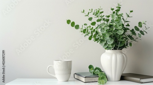 Green eucalyptus plant in vase on nightstand near bed