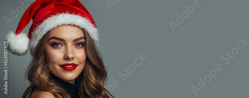 Portrait of a beautiful hair girl wearing a Santa hat