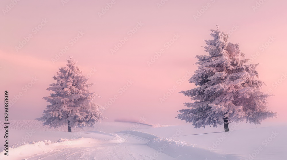The calm winter scene features two snow-covered trees against a pink sky, with a path winding through the snow The calm winter scene features two snow-covered trees against a pink sky, with a path winding through the snow