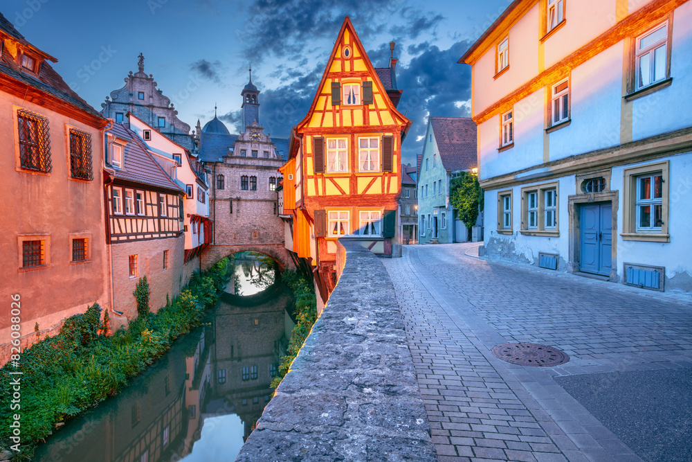 Marktbreit, Germany. Cityscape image of historical downtown of Marktbreit, Bavaria, Germany with traditional German architecture at spring sunset.